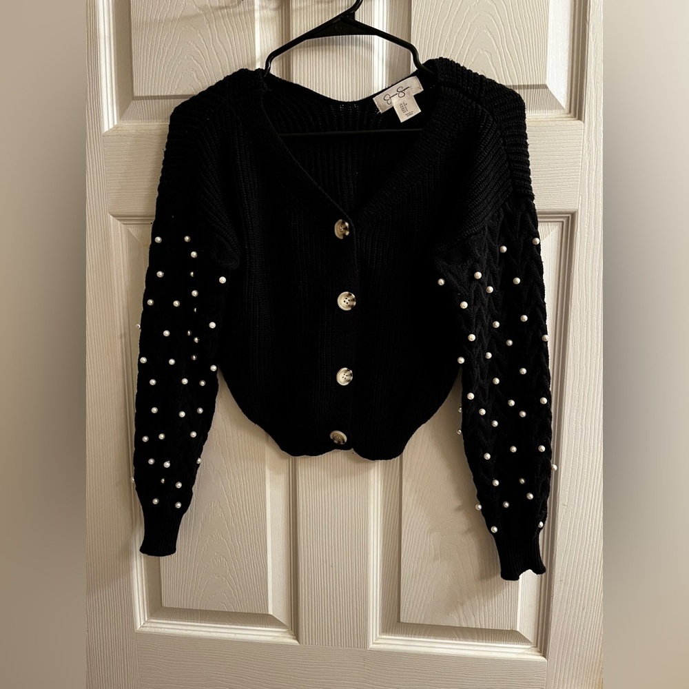 JESSICA SIMPSON~Black~Pearl-Embellished Cardigan Sweater👌~SM
